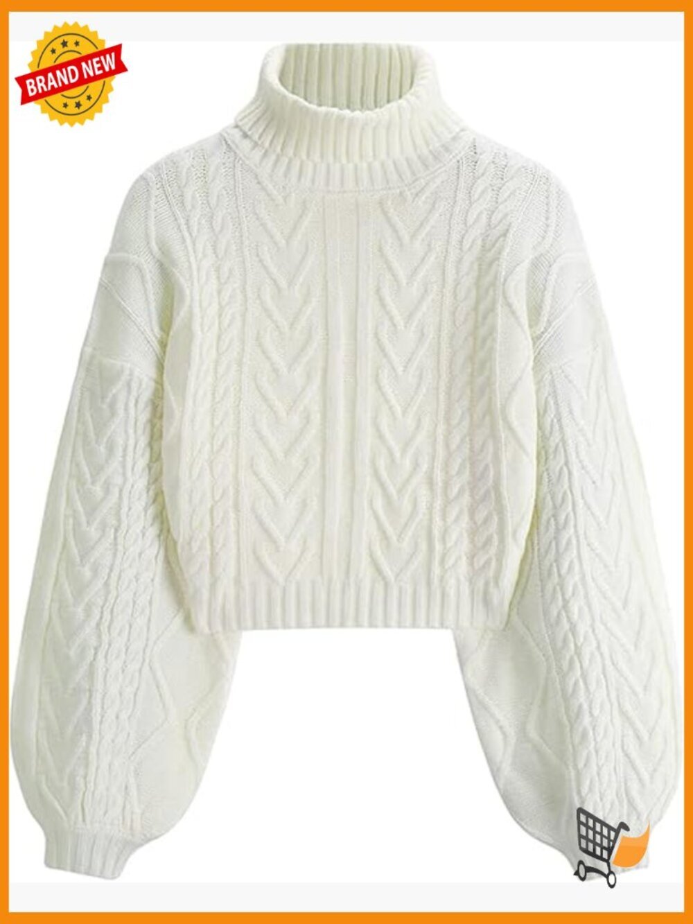 Cropped Turtleneck Sweater Lantern Sleeve Ribbed Knit Pullover